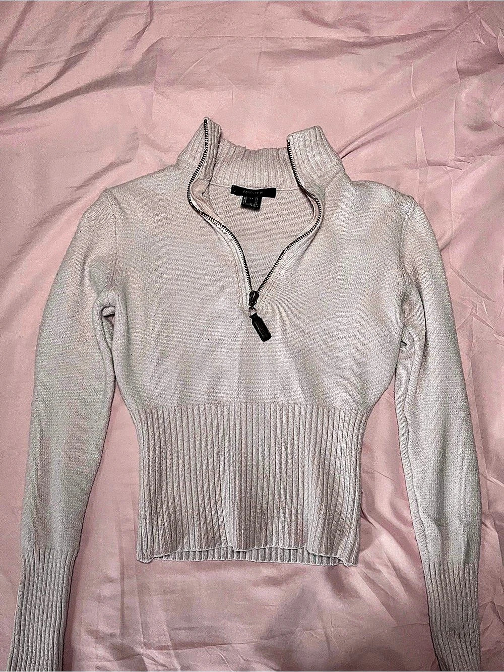 Forever 21 Ribbed Knit Quarter-Zip Sweater Pink